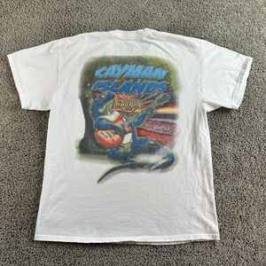 Hard Rock Cafe Caymen Islands Shirt Mens Large White Blue Iguana Short Sleeve
